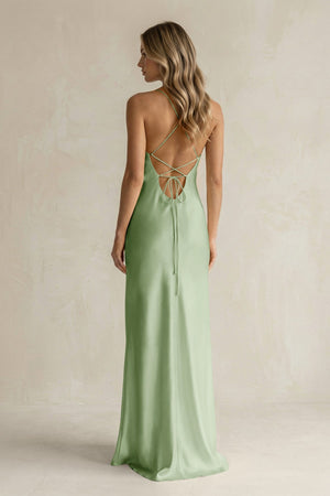 Sheath Satin Spaghetti Strap Bridesmaid Dress in Sage - KISS BRIDAL Bridesmaid Dresses