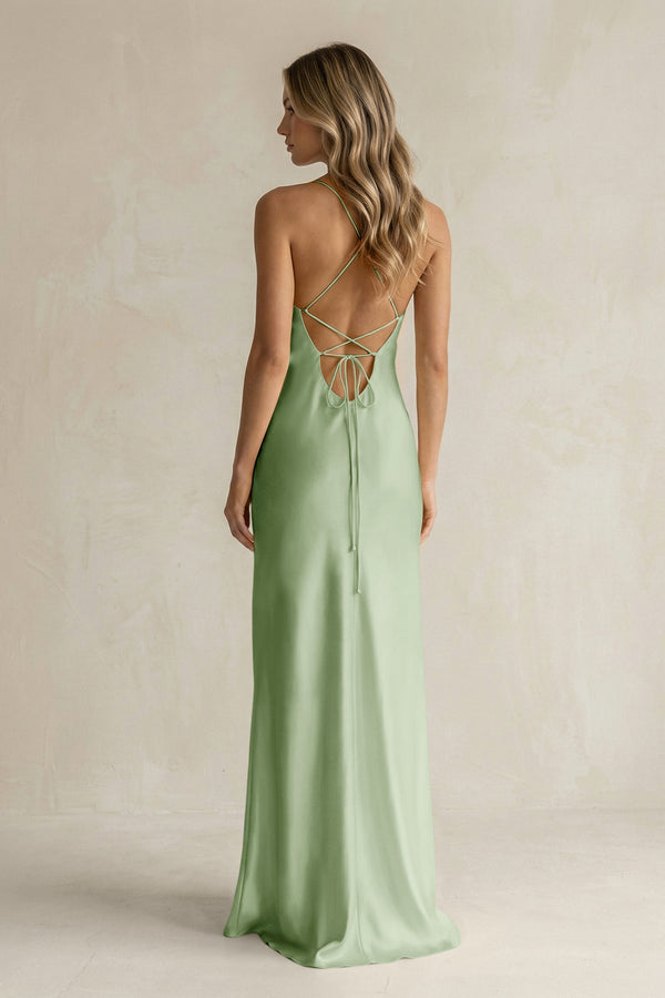 Sheath Satin Spaghetti Strap Bridesmaid Dress in Sage - KISS BRIDAL Bridesmaid Dresses