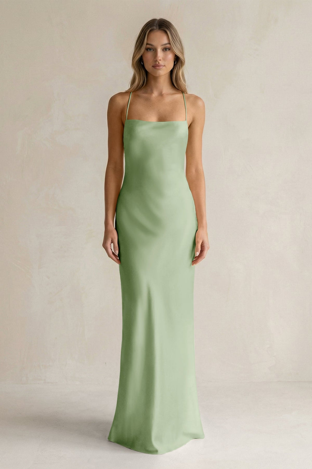 Sheath Satin Spaghetti Strap Bridesmaid Dress in Sage - KISS BRIDAL Bridesmaid Dresses