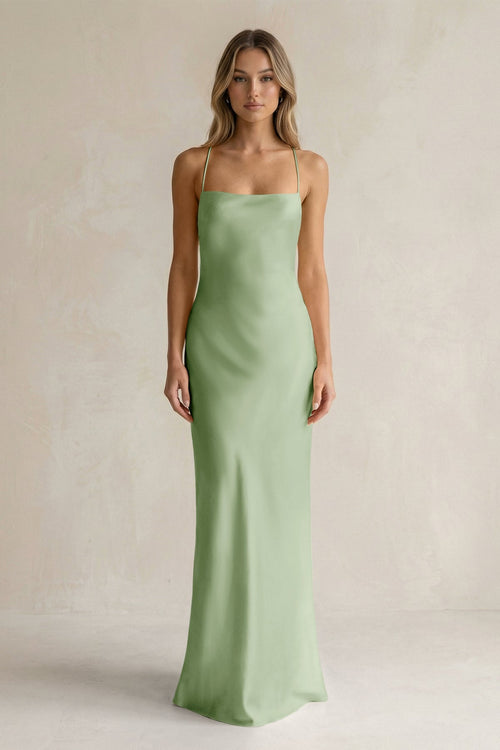 Sheath Satin Spaghetti Strap Bridesmaid Dress in Sage - KISS BRIDAL Bridesmaid Dresses