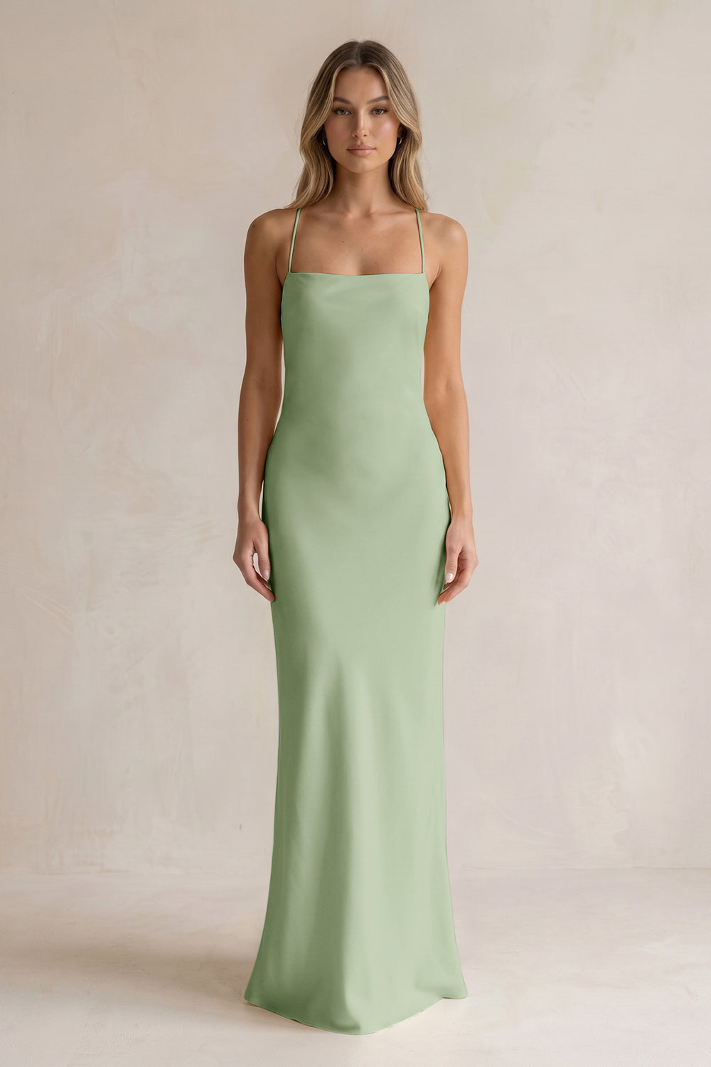Sheath Satin Spaghetti Strap Bridesmaid Dress in Sage