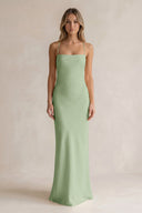 Sheath Satin Spaghetti Strap Bridesmaid Dress in Sage | KISSBRIDAL