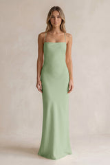 Sheath Satin Spaghetti Strap Bridesmaid Dress in Sage | KISSBRIDAL