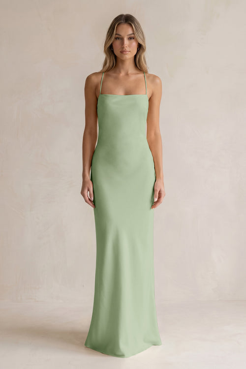Sheath Satin Spaghetti Strap Bridesmaid Dress in Sage | KISSBRIDAL