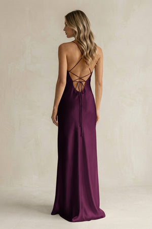 Sheath Satin Spaghetti Strap Bridesmaid Dress in Sangria - KISS BRIDAL Bridesmaid Dresses