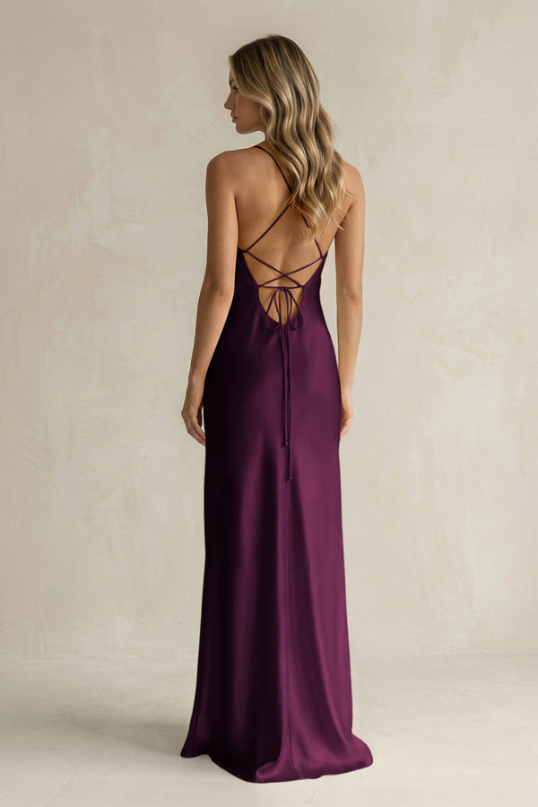 Sheath Satin Spaghetti Strap Bridesmaid Dress in Sangria - KISS BRIDAL Bridesmaid Dresses