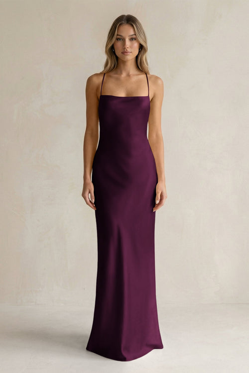 Sheath Satin Spaghetti Strap Bridesmaid Dress in Sangria - KISS BRIDAL Bridesmaid Dresses