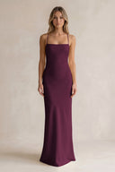 Sheath Satin Spaghetti Strap Bridesmaid Dress in Sangria | KISSBRIDAL
