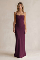 Sheath Satin Spaghetti Strap Bridesmaid Dress in Sangria | KISSBRIDAL