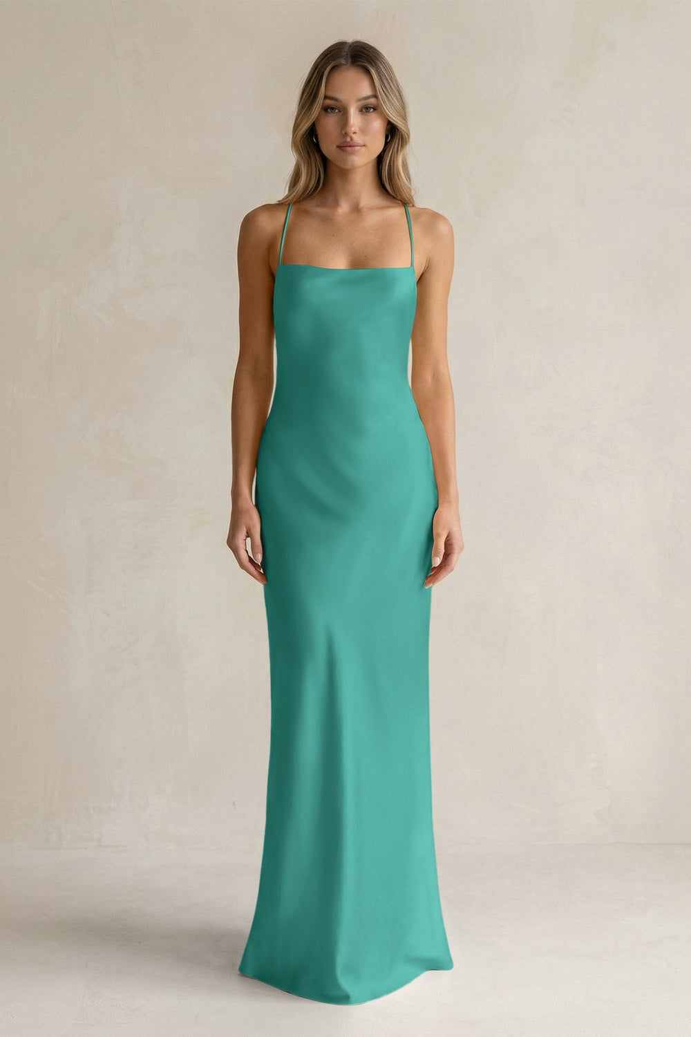 Sheath Satin Spaghetti Strap Bridesmaid Dress in Sea Glass - KISS BRIDAL Bridesmaid Dresses