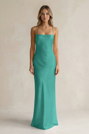 Sheath Satin Spaghetti Strap Bridesmaid Dress in Sea Glass - KISS BRIDAL Bridesmaid Dresses