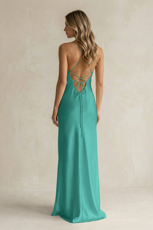 Sheath Satin Spaghetti Strap Bridesmaid Dress in Sea Glass - KISS BRIDAL Bridesmaid Dresses