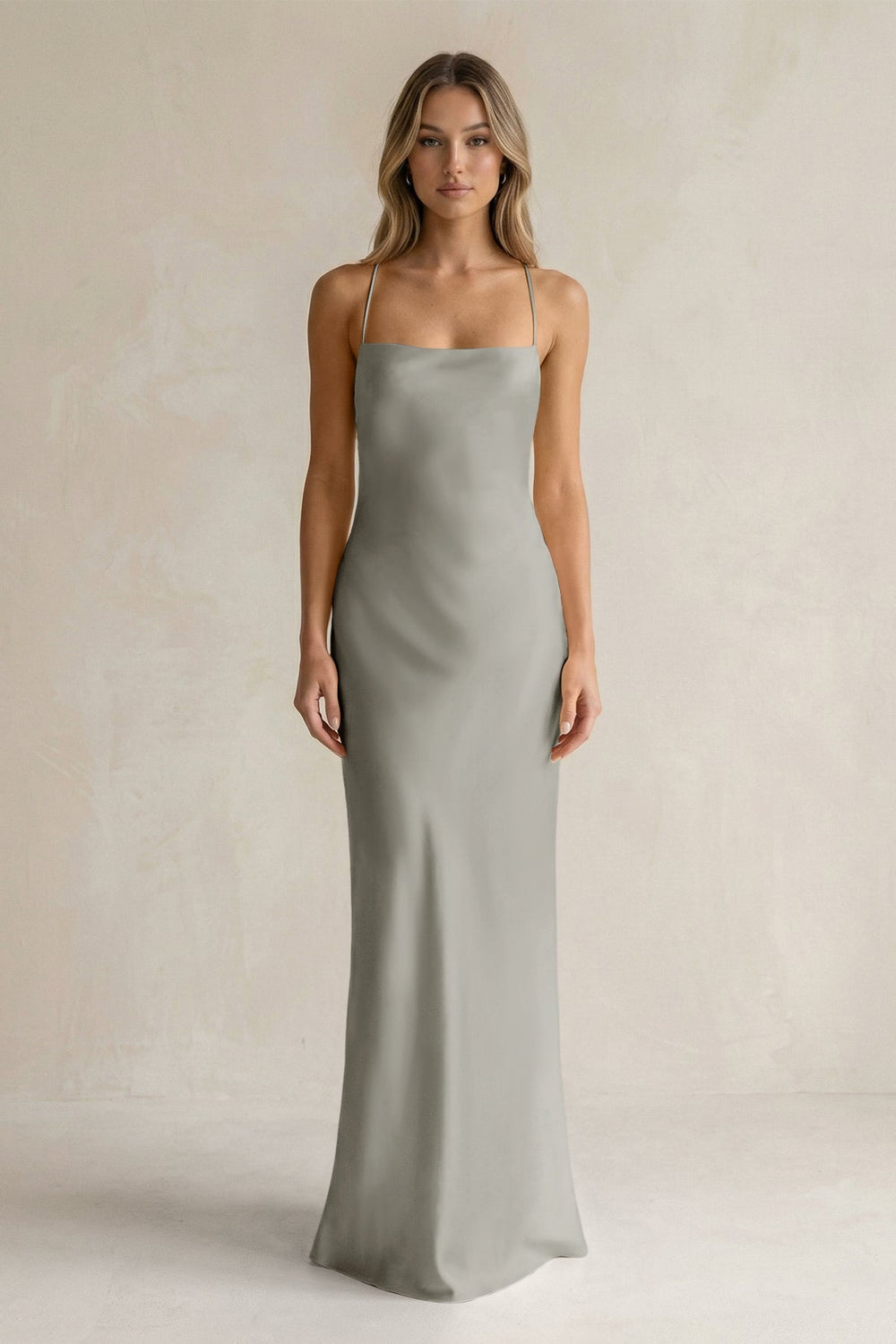 Sheath Satin Spaghetti Strap Bridesmaid Dress in Silver - KISS BRIDAL Bridesmaid Dresses