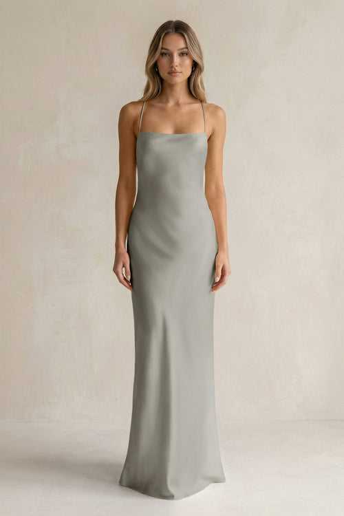 Sheath Satin Spaghetti Strap Bridesmaid Dress in Silver - KISS BRIDAL Bridesmaid Dresses