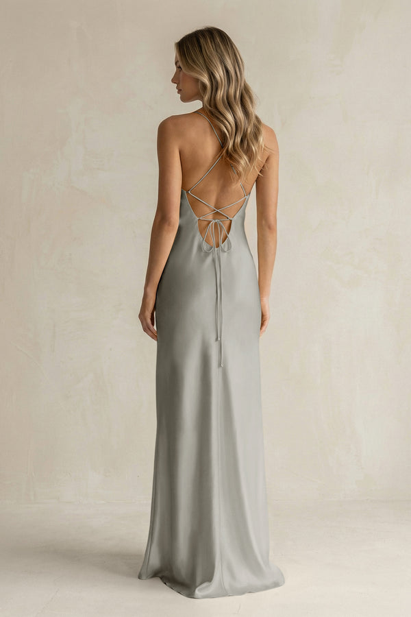 Sheath Satin Spaghetti Strap Bridesmaid Dress in Silver - KISS BRIDAL Bridesmaid Dresses