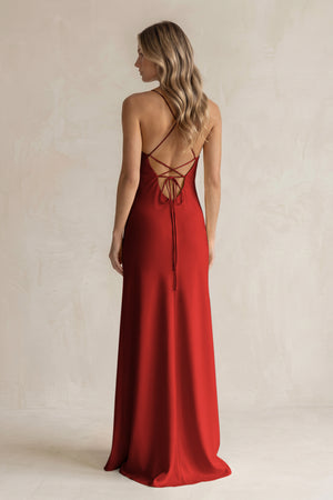 Sheath Satin Spaghetti Strap Bridesmaid Dress in Spice (2) | KISSBRIDAL