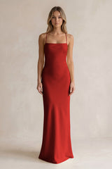 Sheath Satin Spaghetti Strap Bridesmaid Dress in Spice | KISSBRIDAL