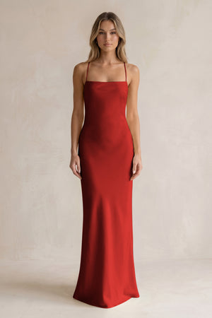 Sheath Satin Spaghetti Strap Bridesmaid Dress in Spice | KISSBRIDAL