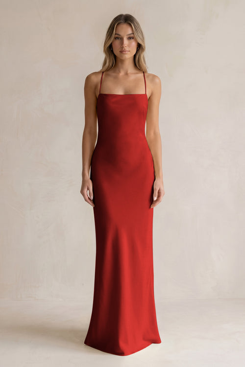 Sheath Satin Spaghetti Strap Bridesmaid Dress in Spice | KISSBRIDAL