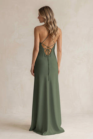 Sheath Satin Spaghetti Strap Bridesmaid Dress in Thyme (2) | KISSBRIDAL
