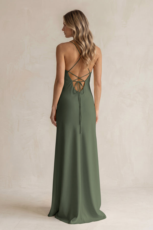 Sheath Satin Spaghetti Strap Bridesmaid Dress in Thyme (2) | KISSBRIDAL