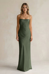 Sheath Satin Spaghetti Strap Bridesmaid Dress in Thyme - KISS BRIDAL Bridesmaid Dresses