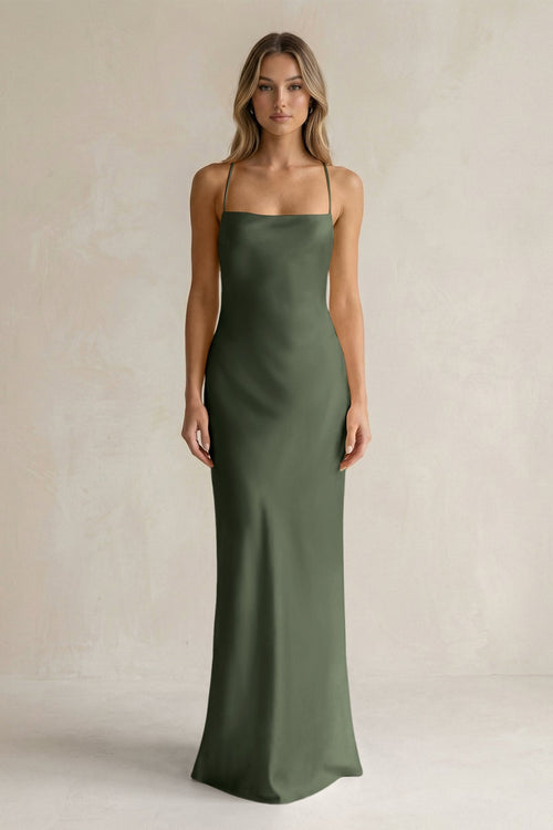 Sheath Satin Spaghetti Strap Bridesmaid Dress in Thyme - KISS BRIDAL Bridesmaid Dresses