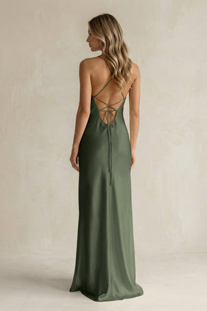 Sheath Satin Spaghetti Strap Bridesmaid Dress in Thyme - KISS BRIDAL Bridesmaid Dresses
