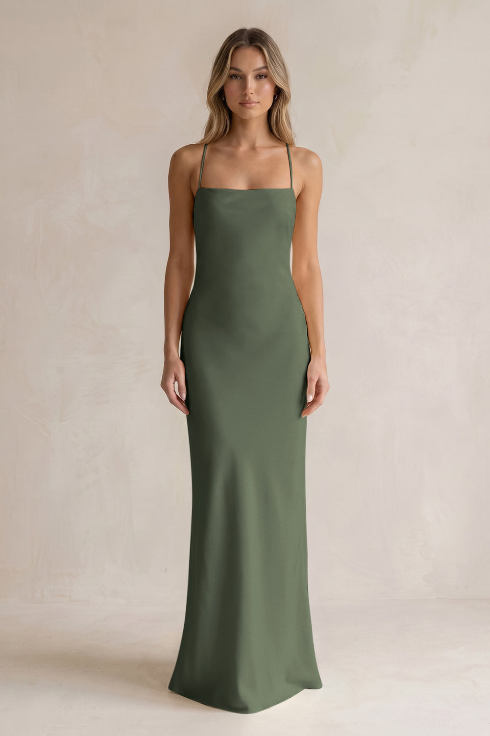 Sheath Satin Spaghetti Strap Bridesmaid Dress in Thyme