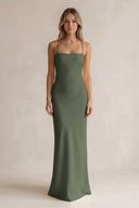 Sheath Satin Spaghetti Strap Bridesmaid Dress in Thyme | KISSBRIDAL