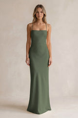 Sheath Satin Spaghetti Strap Bridesmaid Dress in Thyme | KISSBRIDAL