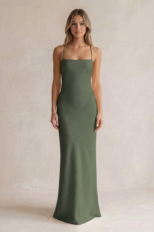 Sheath Satin Spaghetti Strap Bridesmaid Dress in Thyme | KISSBRIDAL