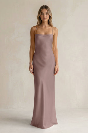 Sheath Satin Spaghetti Strap Bridesmaid Dress in Toffee - KISS BRIDAL Bridesmaid Dresses