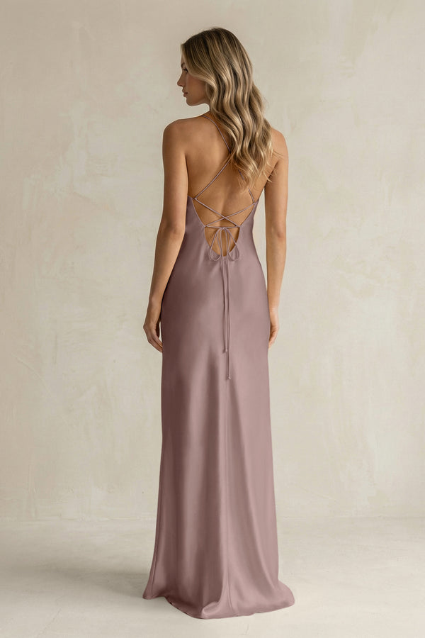 Sheath Satin Spaghetti Strap Bridesmaid Dress in Toffee - KISS BRIDAL Bridesmaid Dresses