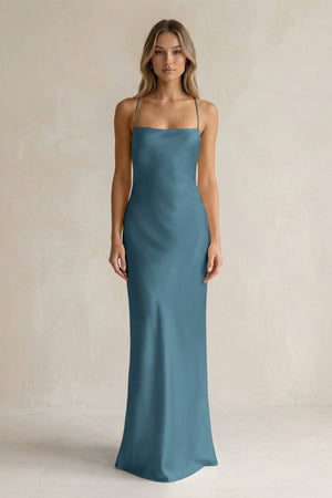 Sheath Satin Spaghetti Strap Bridesmaid Dress in Twilight - KISS BRIDAL Bridesmaid Dresses