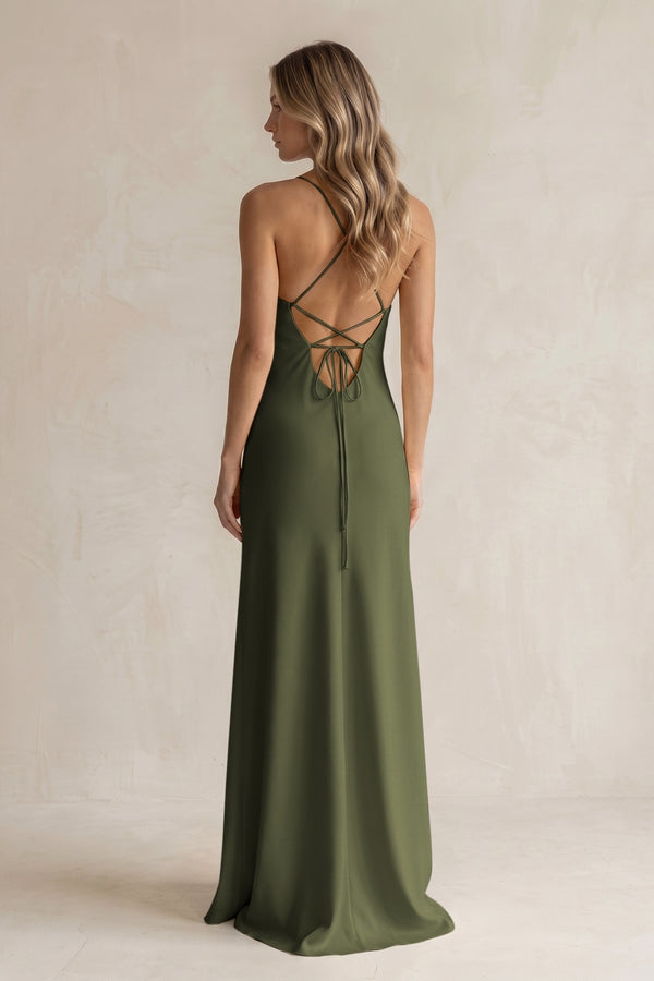 Sheath Satin Spaghetti Strap Bridesmaid Dress in Willow Green (2) | KISSBRIDAL
