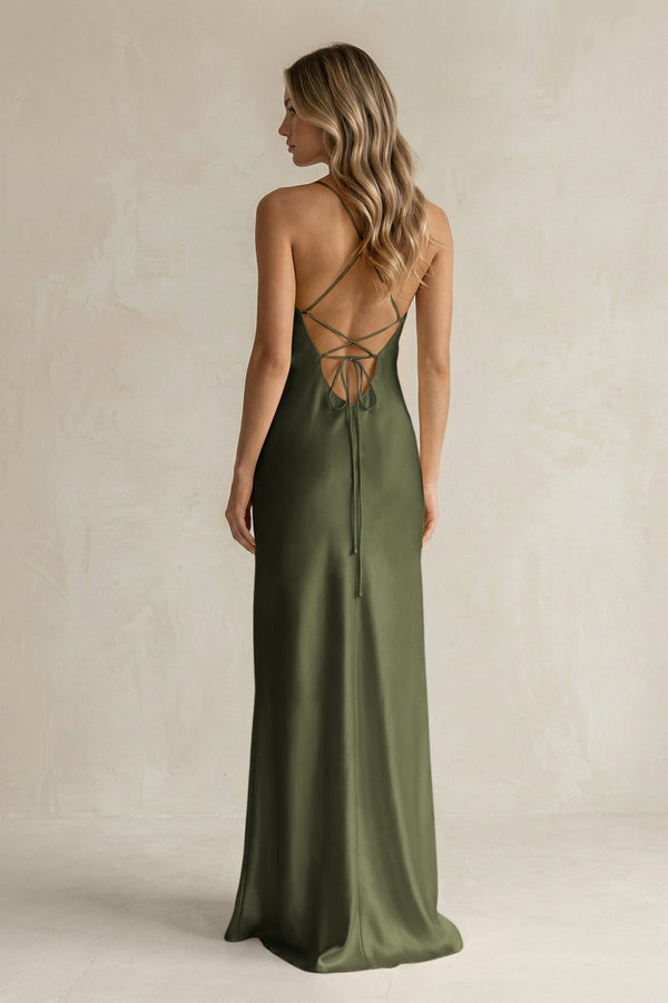 Sheath Satin Spaghetti Strap Bridesmaid Dress in Willow Green - KISS BRIDAL Bridesmaid Dresses
