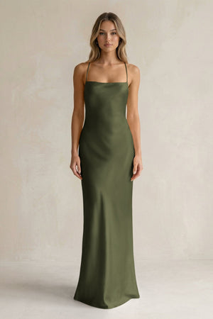 Sheath Satin Spaghetti Strap Bridesmaid Dress in Willow Green - KISS BRIDAL Bridesmaid Dresses
