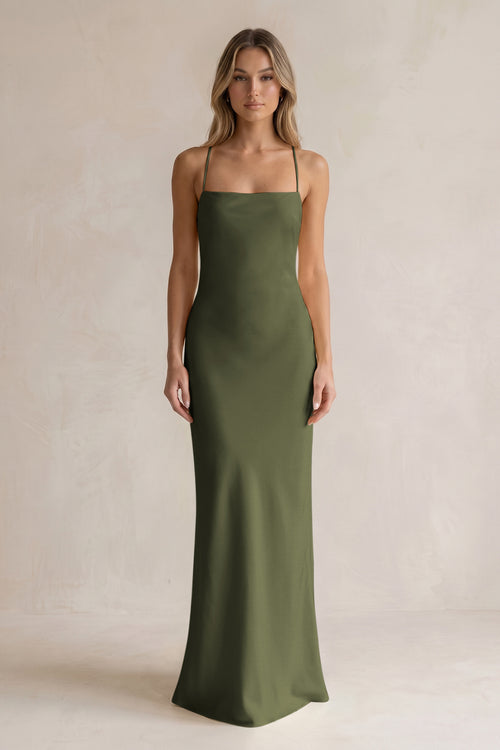Sheath Satin Spaghetti Strap Bridesmaid Dress in Willow Green | KISSBRIDAL