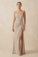 Sheath Spaghetti Straps Chiffon Long Bridesmaid Dress in Almond - KISS BRIDAL Bridesmaid Dresses