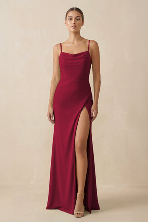 Sheath Spaghetti Straps Chiffon Long Bridesmaid Dress in Berry - KISS BRIDAL Bridesmaid Dresses