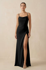 Sheath Spaghetti Straps Chiffon Long Bridesmaid Dress in Black - KISS BRIDAL Bridesmaid Dresses