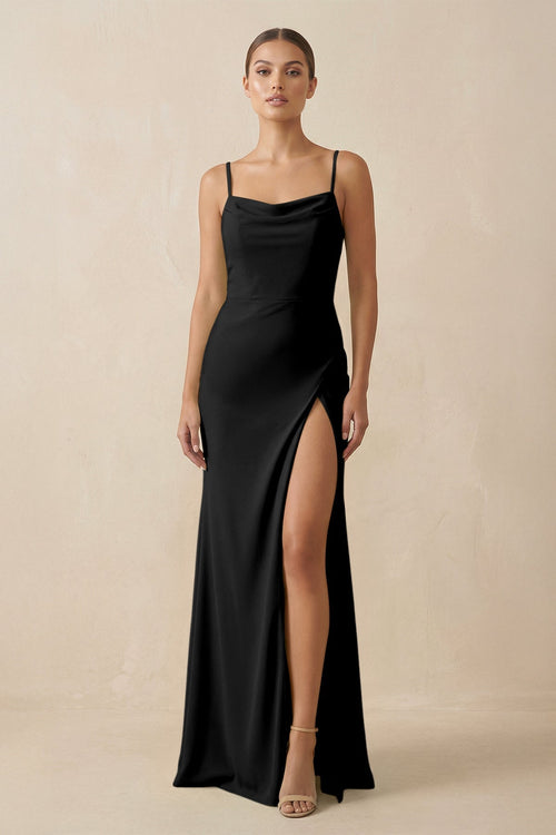 Sheath Spaghetti Straps Chiffon Long Bridesmaid Dress in Black - KISS BRIDAL Bridesmaid Dresses