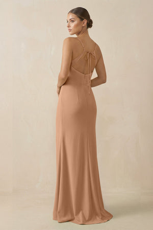 Sheath Spaghetti Straps Chiffon Long Bridesmaid Dress in Bronzer - KISS BRIDAL Bridesmaid Dresses