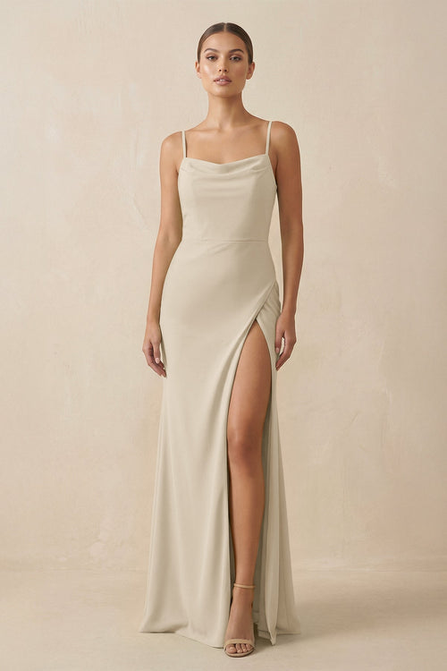 Sheath Spaghetti Straps Chiffon Long Bridesmaid Dress in Champagne - KISS BRIDAL Bridesmaid Dresses