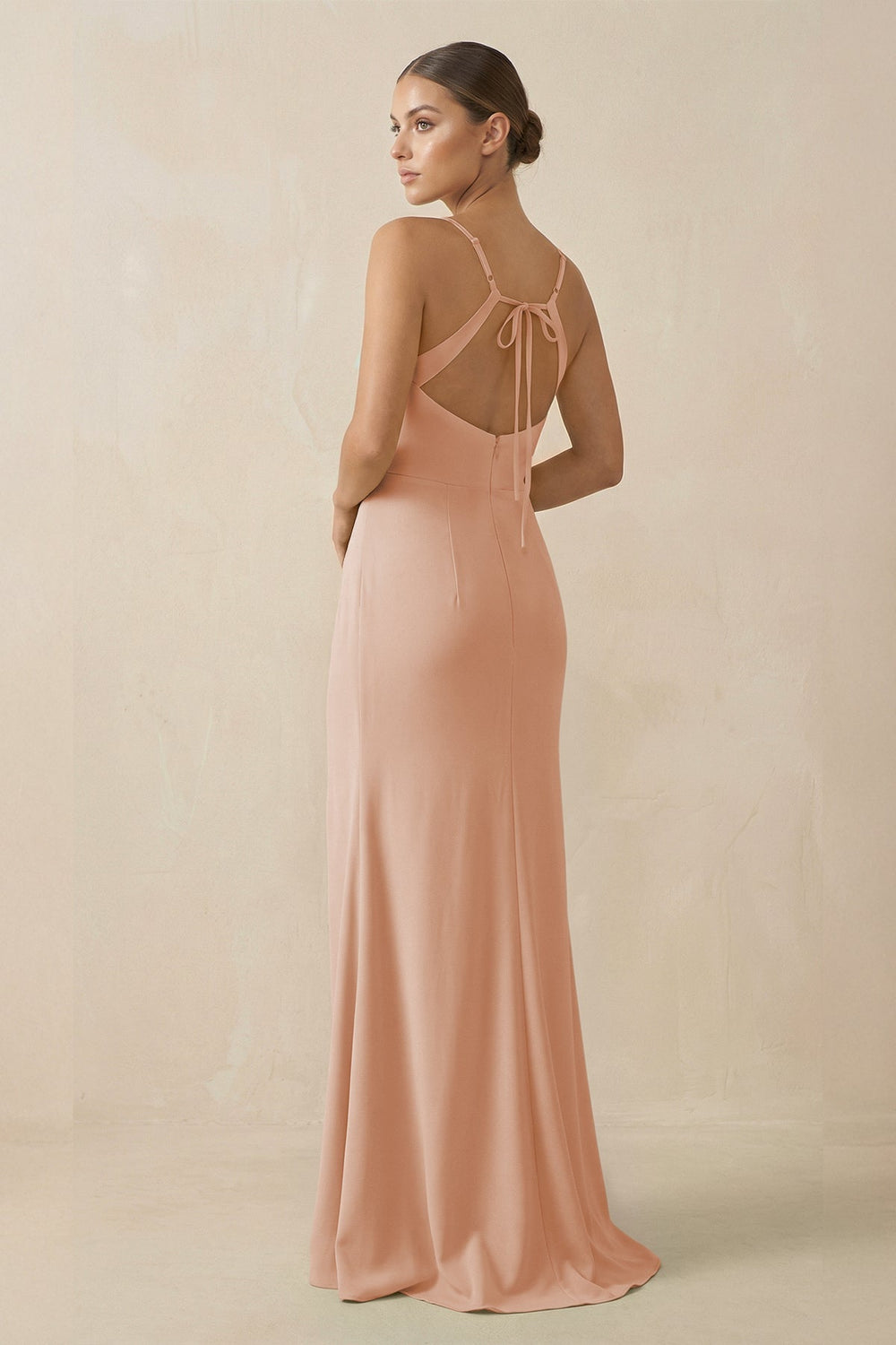 Sheath Spaghetti Straps Chiffon Long Bridesmaid Dress in Champagne Rose - KISS BRIDAL Bridesmaid Dresses