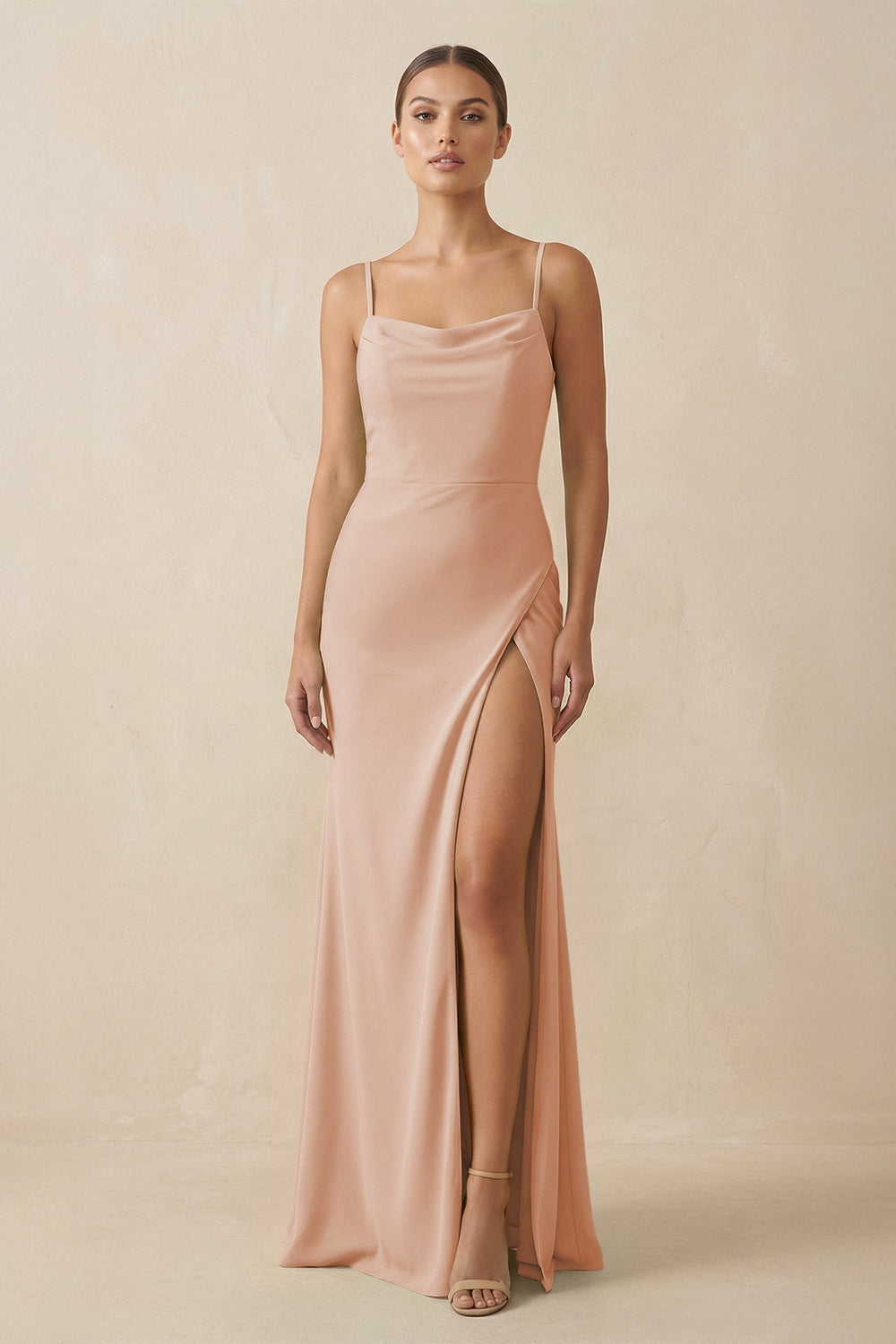 Sheath Spaghetti Straps Chiffon Long Bridesmaid Dress in Champagne Rose - KISS BRIDAL Bridesmaid Dresses