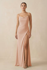 Sheath Spaghetti Straps Chiffon Long Bridesmaid Dress in Champagne Rose - KISS BRIDAL Bridesmaid Dresses