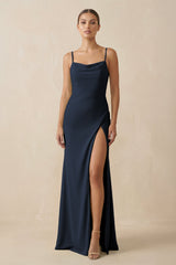 Sheath Spaghetti Straps Chiffon Long Bridesmaid Dress in Dark Navy - KISS BRIDAL Bridesmaid Dresses