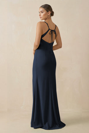 Sheath Spaghetti Straps Chiffon Long Bridesmaid Dress in Dark Navy - KISS BRIDAL Bridesmaid Dresses